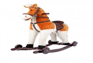 Calut balansoar din plus cu melodii NOVOKIDS ™ Rocking Horse XXL, Cu roti, Platforma detasabila, Functie trotineta fara pedale, Dimensiuni 85x37x77 cm, Max 50 kg, Beige cu Alb