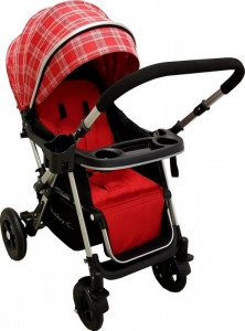 Carucior-nou-nascuti-2-in-1-BABY-CARE-PRO-511-Cadru-aluminiu-Maner-reversibil-Spatar-reglabil-in-5-trepte-Amortizoare-Frana-picior-Pliabil-Rosu-cu-Carouri
