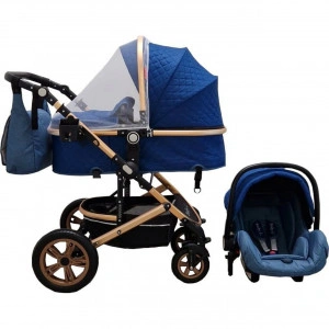 Carucior nou nascuti 3 in 1 Baby Care™ PRO 530, Cu geanta bebe, Cadru Aluminiu , Amortizoare, Roti din cauciuc plin AVE, Landou, Scoica auto, Spatar reglabil 3 trepte, Plasa insecte, Albastru cu Carouri