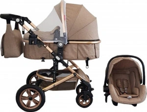 Carucior nou nascuti 3 in 1 Baby Care™ PRO 530 , Cu geanta bebe, Cadru Aluminiu Gold, Amortizoare, Roti din cauciuc plin AVE, Landou, Scoica auto, Spatar reglabil 3 trepte, Plasa insecte, Maron Gold