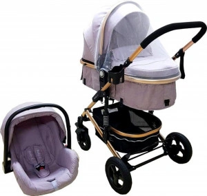 Carucior nou nascuti 3 in 1 Baby Care™ PRO 531 , Cadru Aluminiu, Amortizoare, Roti din cauciuc plin AVE, Landou, Scoica auto, Spatar reglabil 3 trepte, Plasa insecte, Gri