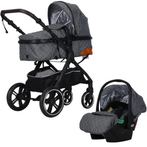 Carucior nou nascuti 3 in 1 NOVOKIDS™ X1000 series, Cu geanta bebe, Cadru Aluminiu, Amortizoare, Roti din cauciuc plin AVE, Landou, Scoica auto, Spatar reglabil 3 trepte, Plasa insecte, Gri