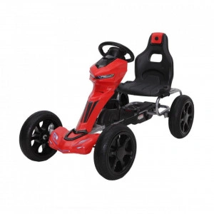 Kart cu pedale pentru copii NOVOKIDS® Hot Racer PRO, 5-12 ani , Maxim 50 kg, 123 cm lungime, Carena, Structura metalica, Frana de mana, Functie FreeWheel, Scaun Ajustabil, Mers cu spatele, Rosu