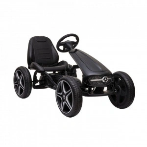 Kart cu pedale pentru copii NOVOKIDS® Mercedes Benz Kart PRO, Cu claxon si melodii, Carena, Structura metalica, Frana de mana, Functie FreeWheel, Scaun Ajustabil, Mers cu spatele, Negru