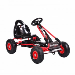 Kart cu pedale pentru copii NOVOKIDS® Top Racer PRO, Roti gomflabile din cauciuc, 3-7 ani , Maxim 25 kg, Structura metalica, Frana de mana, Functie FreeWheel, Scaun Ajustabil, Mers cu spatele, Rosu
