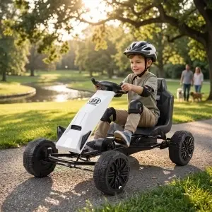 Kart cu pedale pentru copii NOVOKIDS GoKart cu roti EVA si frana de culoare Alb