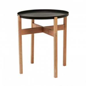 Masuta cafea rotunda cu blat detasabil HouseXL® B-Wood Coffe Tray Table , Din lemn masiv, Diametru 46 cm, Blat metalic transformabil in tava servire , Inaltime 52 cm, Natur