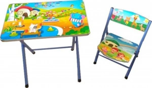 Masuta pliabila pentru copii din MDF Novokids™ My first folding table, cu scaun pliabi, dimensiuni 60X40X56, 2 niveluri de inaltime, suprafata lucioasa, Albastru