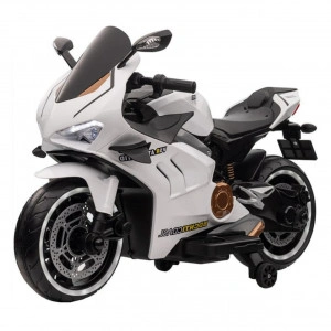 Motocicleta Electrica cu Acumulator Pentru Copii NOVOKIDS™ Super Rider GP , 12V ,3-7 ani ,Max 30 kg , Cu Sunete si Lumini LED ,USB si Bluetooth ,Roti ajutatoare ,Alb