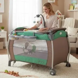 Patut-Pliabil-rotund-cu-balansoar-Tarc-copii-Baby-Care-PRO-FRW-2-Niveluri-de-inaltime-Cu-melodii-si-Masa-infasat-Carusel-cu-jucarii-din-plus-Plasa-insecte-Maron-cu-Verde-2