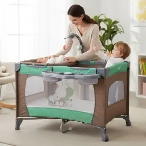 Patut-Pliabil-si-Tarc-copii-Baby-Care-PRO-FMAT-2-Niveluri-de-inaltime-Cu-melodii-si-Masa-infasat-Carusel-cu-jucarii-din-plus-Plasa-insecte-Maron-cu-Verde-2