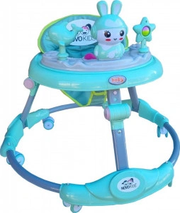 Premergator reglabil in 6 trepte de inaltime NOVOKIDS™ Happy Bunny, Cu melodii si lumini, Pliabil, Max 20 kg, Roti silentioase, Model Iepuras, Verde Turquoise