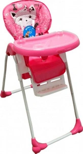Scaun de masa pentru copii si bebe Baby Care™ CC reglabil in 3 trepte, Pliabil, Centura de siguranta, Sezut comfortabil, Masuta detasabila, Pozitie somn, Cosulet de depozitare, Model Pisicuta, Roz