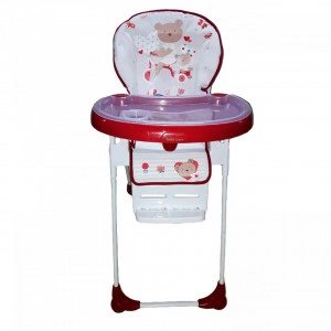 Scaun de masa pentru copii si bebe Baby Care™ CC reglabil in 3 trepte,Pliabil, Centura de siguranta, Sezut comfortabil, Masuta detasabila, Pozitie somn, Cosulet de depozitare, Model Ursulet , Rosu cu Alb