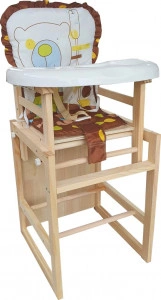 Scaun de masa pentru copii si bebe transformabil in masuta NOVOKIDS™ Wooden Table Chair, Din lemn masiv, Centura de siguranta, Sezut comfortabil detasabil, masuta detasabila, Maron cu Alb