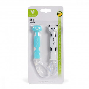 Set 2 lingurite din silicon pentru bebelusi NOVOKIDS™ Baby Panda BOY, de la 6 luni, lingura mare, lingura mica, manere lungi, Albastru