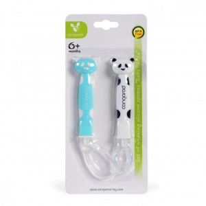 Set 2 lingurite din silicon pentru bebelusi NOVOKIDS™ Baby Panda BOY, de la 6 luni, lingura mare, lingura mica, manere lungi, Albastru