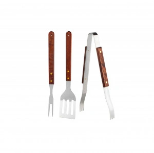 Set 3 ustensile gratar din inox HouseXL, manere din lemn, cleste, spatula, furculita gratar