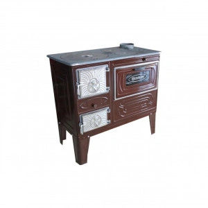 Soba de Gatit Samotata cu Lemne si Combustibil Solid HouseXL® , Dimensiuni 800X430X760 mm , Evacuare 130 mm, pe partea dreapta, Cuptor Pentru Gatit cu Tava Rotunda si Gratar INCLUSE, Tabla Emailata, MARON
