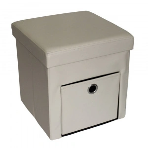 Taburet cu cutie de depozitare si sertar HouseXL™ 6100, Dimensiuni 38X38X38cm, Max 150 kg, Capac moale din piele ecologica, Beige