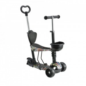 Tricicleta 2 in 1 transformabila in trotineta NOVOKIDS™ Pixie , Max 40 kg, Roti din silicon cu LED, Maner de impins pentru parinti detasabil, Scaun detasabil , Cadru metalic, Dimensiuni 62x28x71 cm, Negru Graffiti