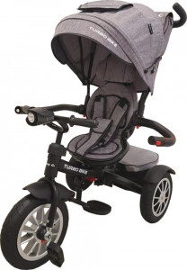 Tricicleta cu copertina Baby Care™ Turbo Bike , Cu far luminos, Roti din cauciuc, Pozitie somn, Pedale si maner pentru parinti, Scaun reversibil cu invartire 360 grade , Cadru metalic, Dimensiuni 110X45X90 cm, Gri Jeans