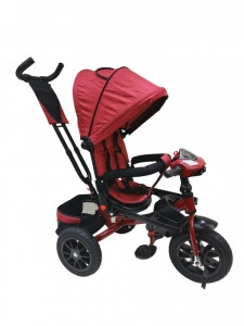 Tricicleta cu copertina NOVOKIDS Super Trike, Cu melodii si lumini, Roti din cauciuc, Pozitie somn, Scaun reversibil cu rotatie 360 grade, Rosu Bordeaux