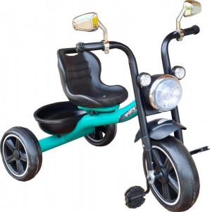 Tricicleta cu pedale NOVOKIDS™ My First Chopper Trike, Cu melodii si lumini, Max 30 kg, Roti din spuma cauciucata EVA, Cadru metalic, Model motocicleta, Verde Turquoise