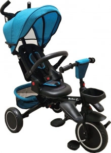 Tricicleta pliabila cu copertina Baby Care™ Folding Trike, Roti din spuma cauciucata EVA, Pedale si maner pentru parinti, Scaun reversibil cu rotire 360 grade , Cadru metalic, Dimensiuni 105X53X100 cm, Albastru Aqua
