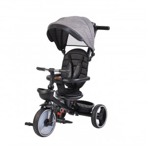 Tricicleta pliabila cu copertina NOVOKIDS™ Classico Trike , Pedale si maner pentru parinti, Scaun reversibil cu rotire 360 grade , Functie Free Wheel, Cadru metalic, Beige