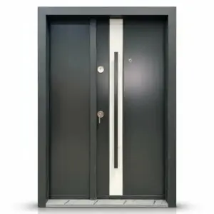Usa metalica dubla de exterior cu izolatie si vizor Novo Doors NDA1D, Din compozit, 2 yale, Kit complet, Pentru case, Gri antracit cu gri deschis