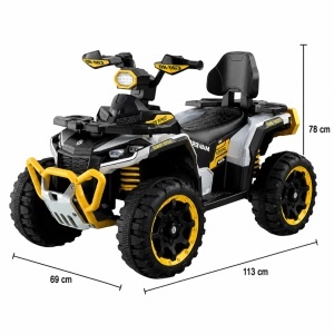 Dimensiuni ATV electric pentru copii NOVOKIDS™ MonsterQUAD PRO galben cu negru, cu 4 roti stabile, design Off Road modern si scaun confortabil, ideal pentru copii 3-8 ani