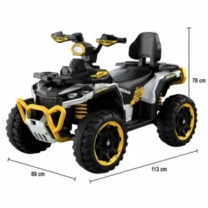 Dimensiuni ATV electric pentru copii NOVOKIDS™ MonsterQUAD PRO galben cu negru, cu 4 roti stabile, design Off Road modern si scaun confortabil, ideal pentru copii 3-8 ani