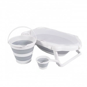 Cadita pliabila premium pentru bebelusi si copii NOVOKIDS™ Hawaiian Folding Tub, Cu stender si accesorii de baie, Dimensiuni 84x48x23 cm, Supapa scurgere, Gri