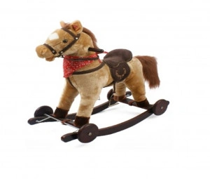 Calut balansoar din plus cu melodii NOVOKIDS ™ Rocking Horse, Cu roti, Platforma detasabila, Functie trotineta fara pedale, Dimensiuni 74x37x64 cm, Max 50 kg, Beige
