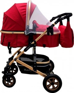 Carucior nou nascuti 2 in 1 Baby Care™ PRO 531, Cu geanta bebe, Cadru Aluminiu Gold , Amortizoare, Roti din cauciuc plin AVE, Spatar reglabil 3 trepte, Plasa insecte, Rosu