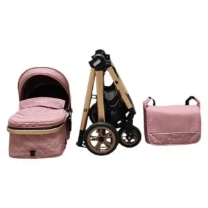 set complet carucior Baby Care X2S roz cu landou, cadru pliat si geanta accesorii