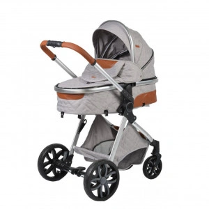 Carucior nou nascuti 2 in 1 NOVOKIDS™ Alma Gold PRO , Cu geanta bebe, Cadru Aluminiu , Amortizoare, Roti din cauciuc plin AVE, Landou, Modul sport, Spatar reglabil 3 trepte, Gri Deschis