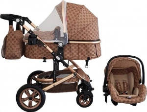 Carucior nou nascuti 3 in 1 Baby Care™ PRO 530 , Cu geanta bebe, Cadru Aluminiu Gold, Amortizoare, Roti din cauciuc plin AVE, Landou, Scoica auto, Spatar reglabil 3 trepte, Plasa insecte, Crem cu Imprimeu Bambucci