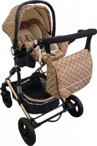 Carucior-nou-nascuti-3-in-1-Baby-Care-PRO-531-Cu-geanta-bebe-Cadru-Aluminiu-Gold-Amortizoare-Roti-din-cauciuc-plin-AVE-Landou-Scoica-auto-Spatar-reglabil-3-trepte-Plasa-insecte-Beige-cu-imprimeu-Maron