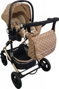 Carucior-nou-nascuti-3-in-1-Baby-Care-PRO-531-Cu-geanta-bebe-Cadru-Aluminiu-Gold-Amortizoare-Roti-din-cauciuc-plin-AVE-Landou-Scoica-auto-Spatar-reglabil-3-trepte-Plasa-insecte-Beige-cu-imprimeu-Maron
