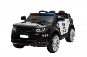 Masinuta Electrica de politie cu acumulator pentru copii NOVOKIDS™ Police Squad SUV , Cu girofar fata/spate, Melodii si USB , 3-6 ani , Usi cu deschidere , Telecomanda, 2 motoare 550 W, Alb cu Negru