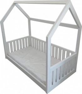 Pat tip casuta pentru copii NOVOKIDS™ Lovely Little House, 160x80 CM, Set cu Saltea din Spuma MATSEN® 10 CM Inclusa, Pal 18 mm, Margini anti-lovire, Protectie Laterala cu montare universala, Alb