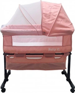Patut copii transformabil in balansoar bebe Baby Care™ Co-Sleeper, Cu plasa insecte si cosulet depozitare, Design modern, 4 roti cu frana, Dimensiuni 85X95X50 cm, Saltea inclusa, Cadru aluminiu , Roz