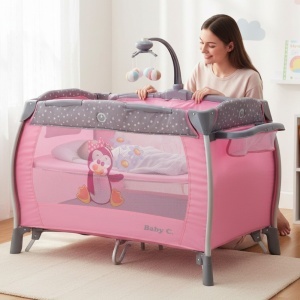 Patut-Pliabil-rotund-cu-balansoar-Tarc-copii-Baby-Care-PRO-FRW-2-Niveluri-de-inaltime-Cu-melodii-si-Masa-infasat-Carusel-cu-jucarii-din-plus-Plasa-insecte-Roz-2