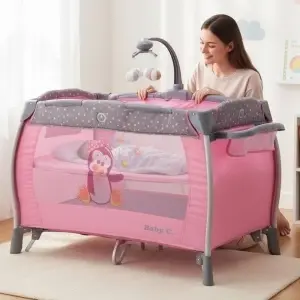 Patut-Pliabil-rotund-cu-balansoar-Tarc-copii-Baby-Care-PRO-FRW-2-Niveluri-de-inaltime-Cu-melodii-si-Masa-infasat-Carusel-cu-jucarii-din-plus-Plasa-insecte-Roz-2