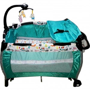 Patut Pliant rotund cu balansoar, Tarc copii Baby Care™ ROUND NEST, Pliabil pe 2 Niveluri cu muzica si Masa infasat, Jucarie Carusel cu jucarii din plus, geanta transport inclusa, Verde cu animalute