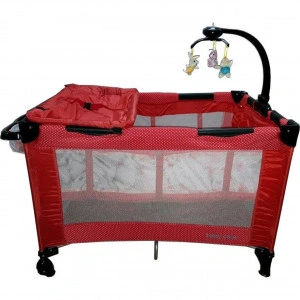 Patut Pliant, Tarc copii Baby Care™ NEST, Pliabil pe 2 Niveluri cu muzica si Masa infasat, Jucarie Carusel cu jucarii din plus, geanta transport inclusa, Rosu