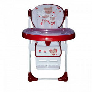 Scaun-de-masa-pentru-copii-si-bebe-Baby-Care-CC-reglabil-in-3-trepte-Pliabil-Centura-de-siguranta-Sezut-comfortabil-Masuta-detasabila-Pozitie-somn-Cosulet-de-depozitare-Model-Ursulet-Rosu-cu-Alb