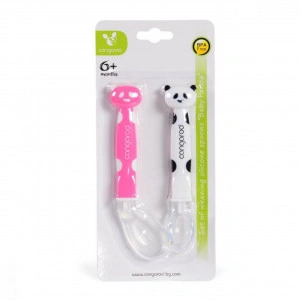 Set 2 lingurite din silicon pentru bebelusi NOVOKIDS™ Baby Panda GIRL, de la 6 luni, lingura mare, lingura mica, manere lungi, Roz